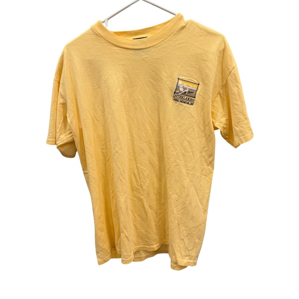 Camp David Mens Interlaken Lake Geneva WI Embroidered T-Shirt‎ Yellow Large USA